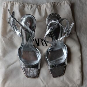 Zara Patent effect Metallic Silver Heeled Sandals